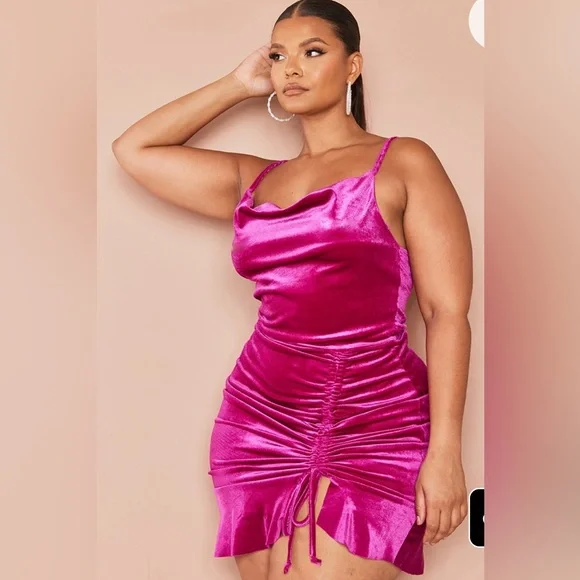 open lace back dress Pretty Little Thing Velvet Bodycon Dress Hot Pink Mini One Shoulder St –  The Thriftanista Closet main image 1